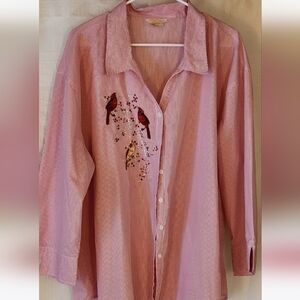 Tia Designs Woman Red Striped Bedazzled Three Embroidered Cardinal Blouse Sz 3X